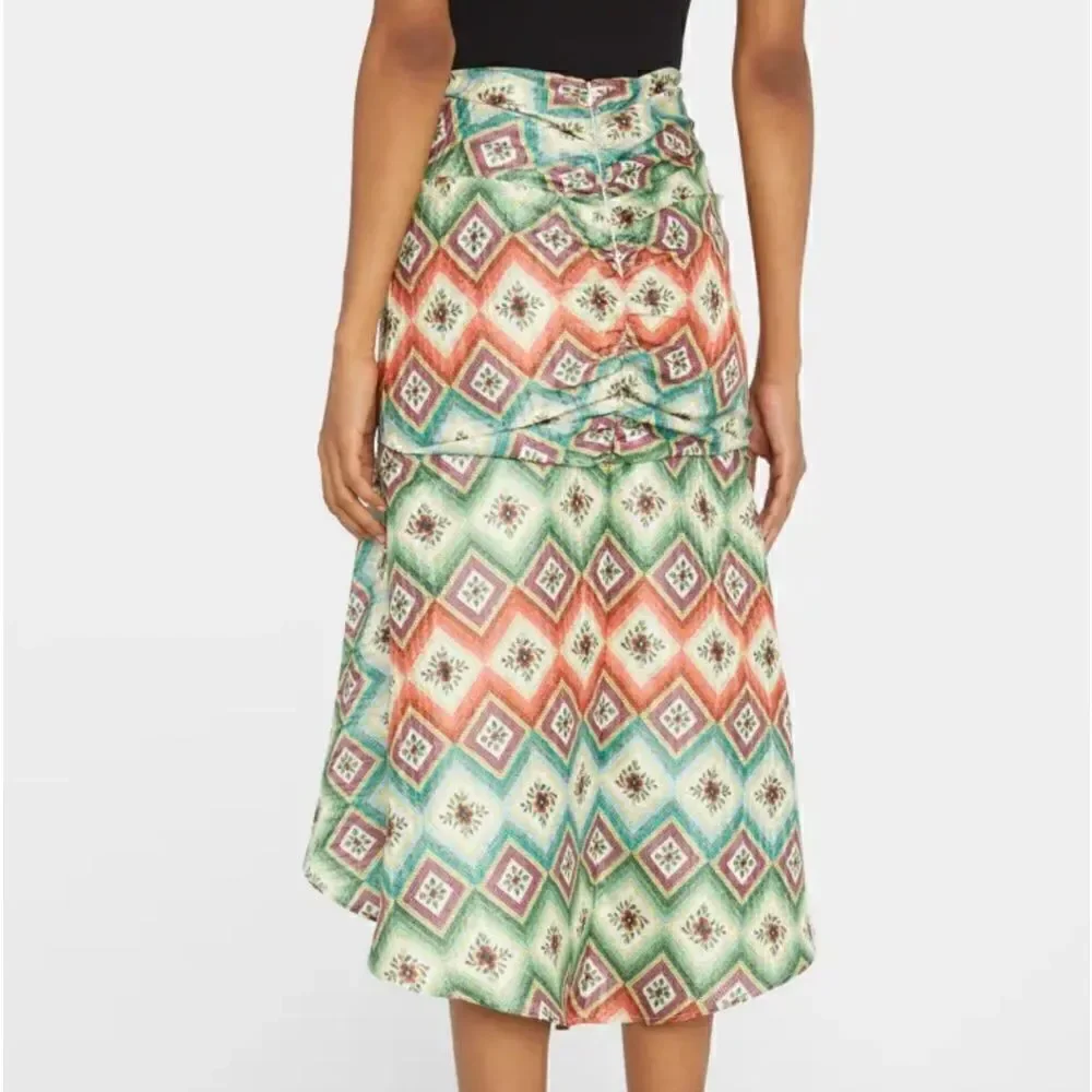NWT AUTUMN ADEIGBO Soraya Geometric-Print Ruched Bead-Fringe Midi Skirt Size 8
